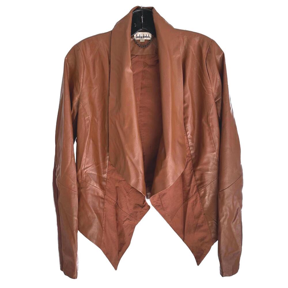 Lady Dutch Draped Front Cognac Faux Leather  Jacket - Medium